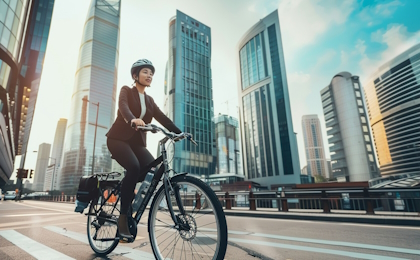 Woman smartly dressed cycling in a central business district